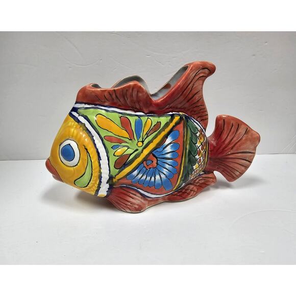 Talavera Fish Pot Planter Mexico Hand Painted Red Green 11" × 7" - Picture 1 of 11